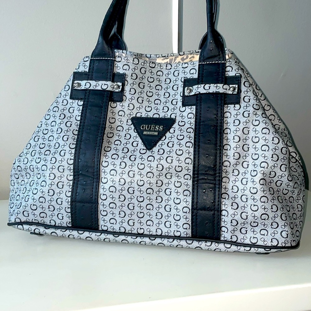 Guess Signature print Hand Bag with embossed ostrich accent